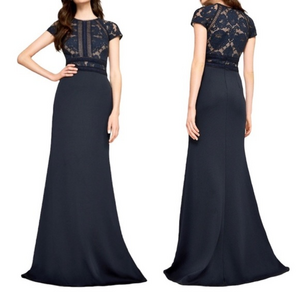 NWT Tadashi Shoji Tana Navy Blue Lace Mesh‎ Neoprene Formal A-Line Maxi Gown 16P